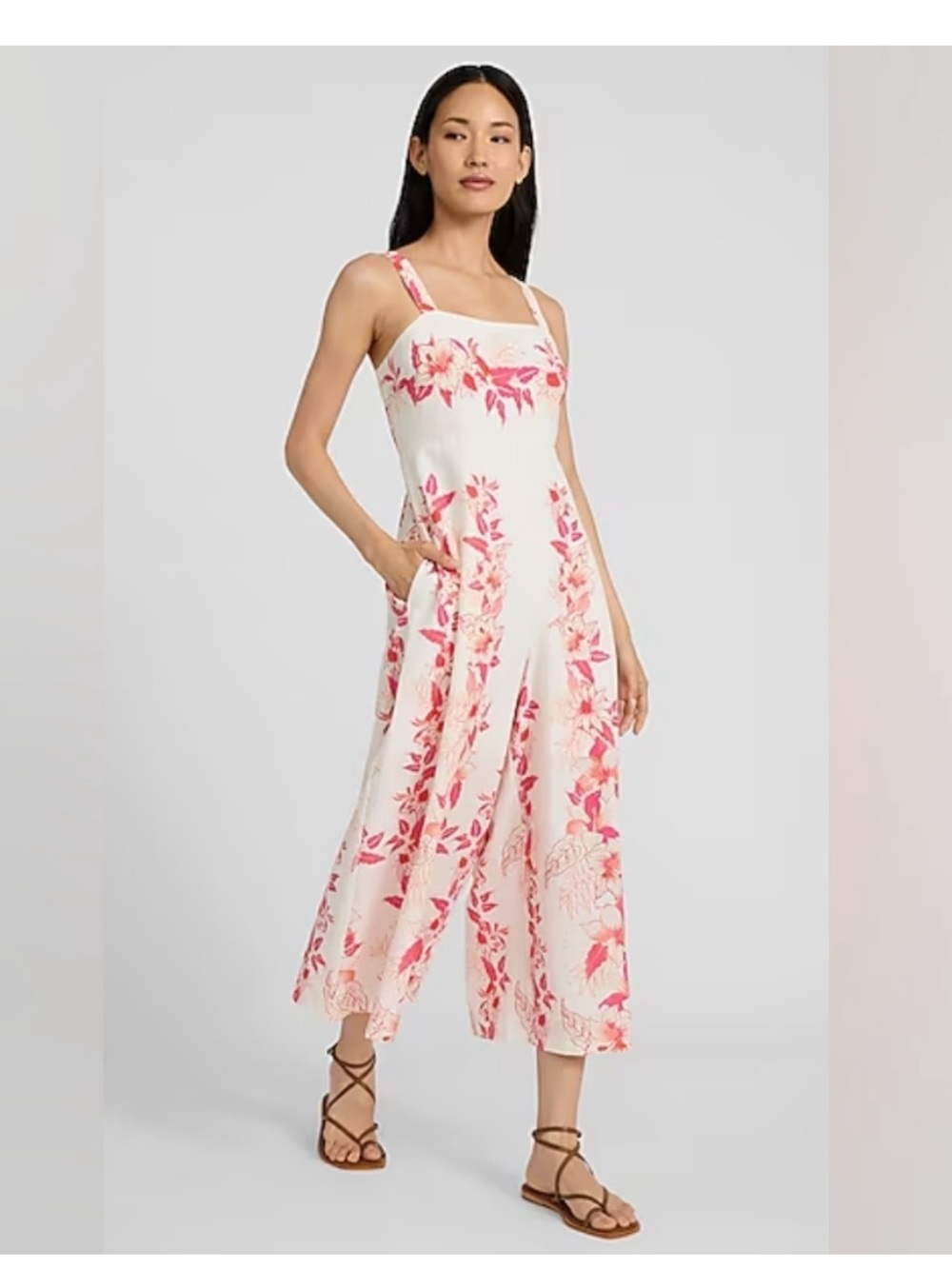 Express linen blend white and pink tropical floral wide leg jumpsuit
